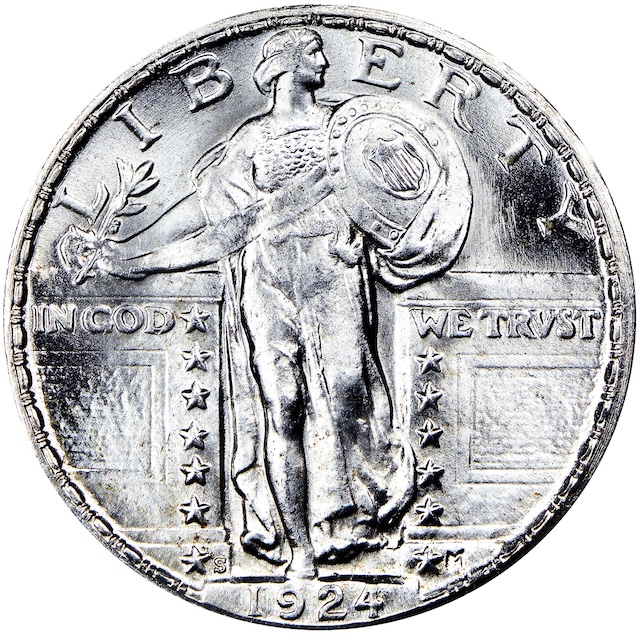 1924 Standing Liberty quarter Full Head detail showing three distinct helmet leaves and clear ear hole under magnification