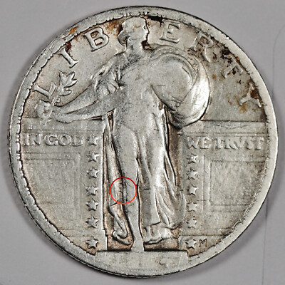 1924 Standing Liberty quarter die clash error showing faint phantom E letter on Liberty's gown from reverse die contact