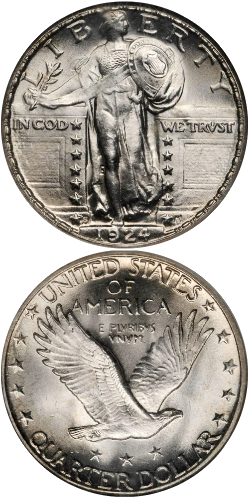 1924-S Standing Liberty quarter reverse die crack error showing raised fracture line crossing the eagle's left wing feathers