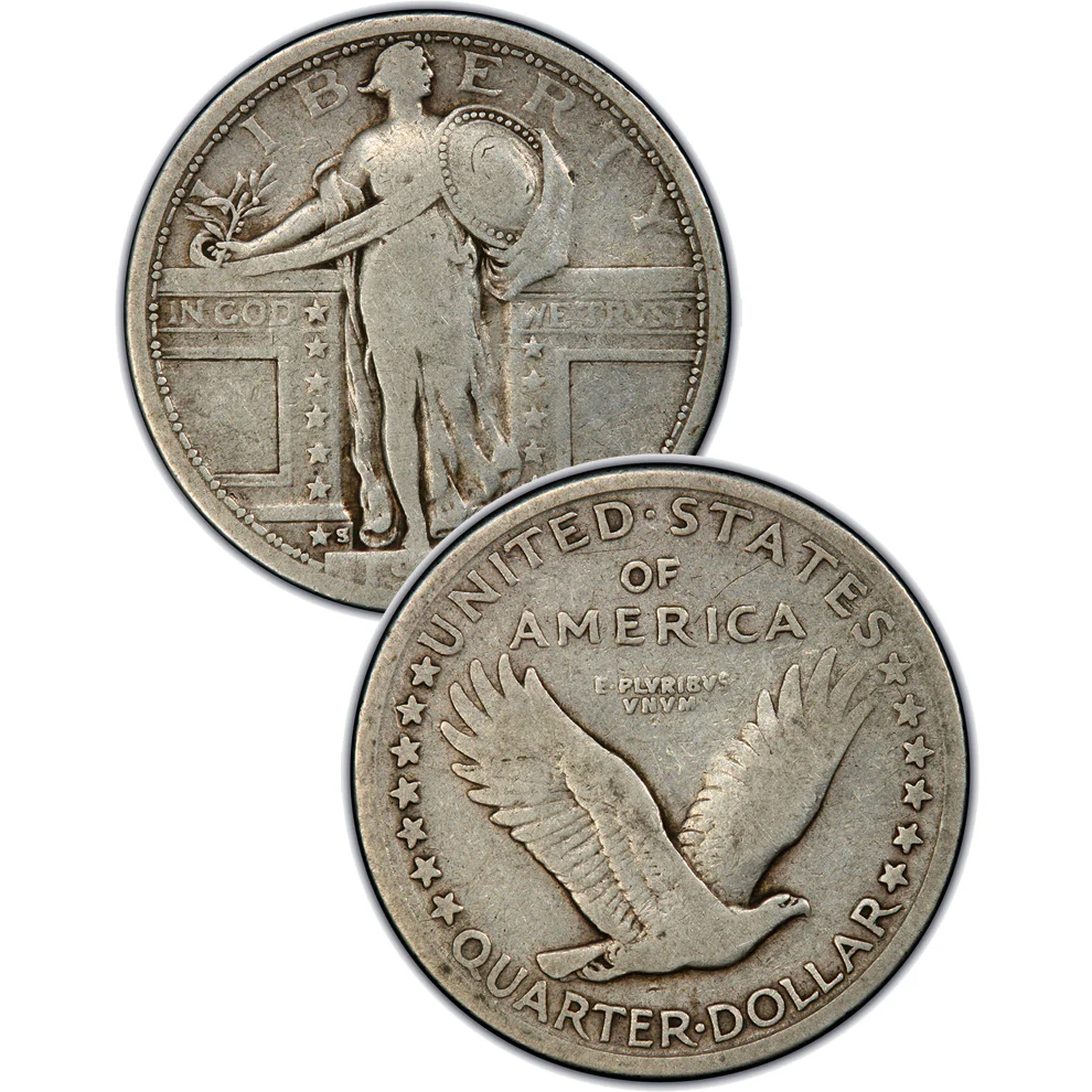 1924 Standing Liberty quarter grading strip showing condition tiers from Worn through Gem MS with visual comparison of wear patterns
